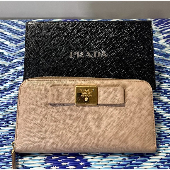 Prada Saffiano Fiocco Cammeo Leather Zip Around Continental Bow Long Wallet - Picture 3 of 6